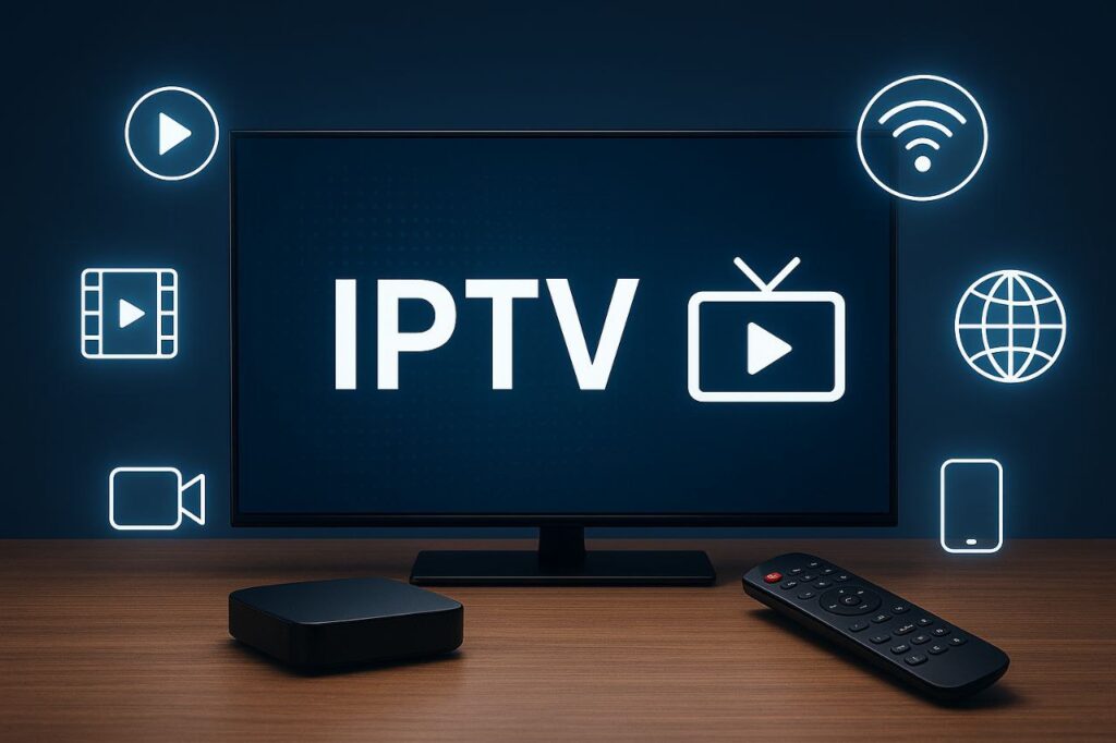 Laptop screen showing Best IPTV Subscription dashboard for streaming live TV and movies