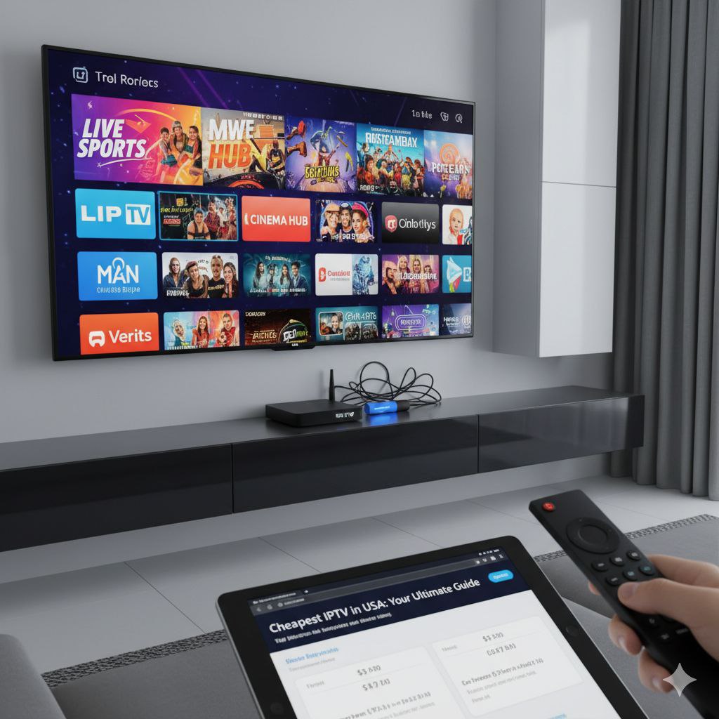A hand holding a TV remote, pointing at a large, modern flatscreen TV showing an IPTV interface with various channel logos and program thumbnails. In the foreground, a tablet displays a webpage with the article title "Cheapest IPTV in USA: Your Ultimate Guide," highlighting a comparison of prices. The scene is a clean, contemporary living room with a media console and a Wi-Fi router.