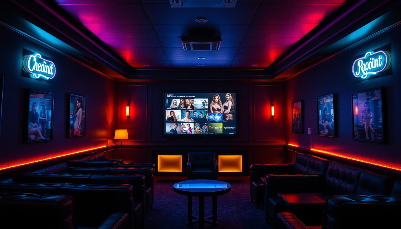 Home theater screen displaying an IPTV Adult interface with premium channels and cinematic lighting.